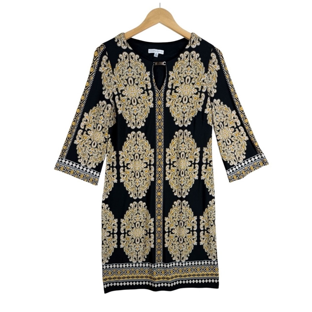 Sandra Darren Black Gold Baroque Damask Keyhole Shift Dress Womens  3/4 Sleeve 6